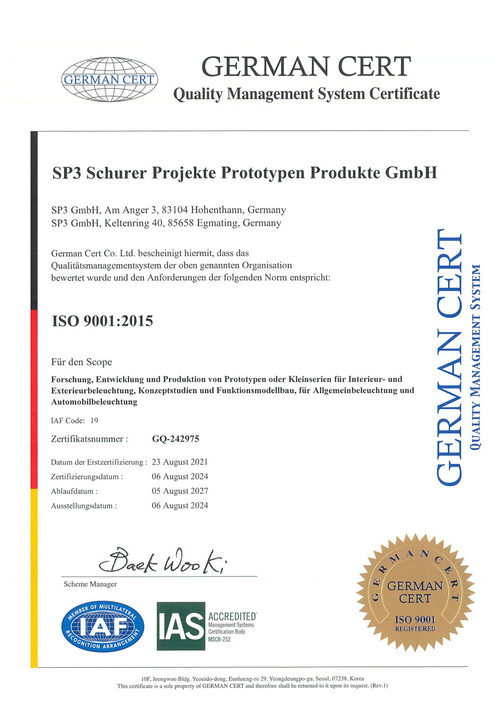 GERMAN-CERT-Zertifikat SP3 GmbH - Quality Management-System-Certificate-ISO-9001-de